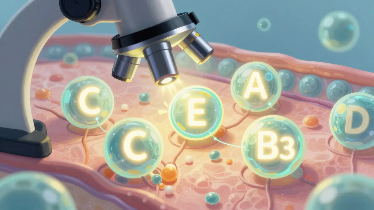 Mikroskopický pohled na regeneraci kůže s interakcí vitamínů C, E, A, D a B3 jako světelných molekul.