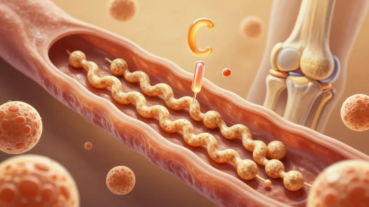 Mikroskopický pohled na vstřebávání kolagenových peptidů a vitamínu C v těle.