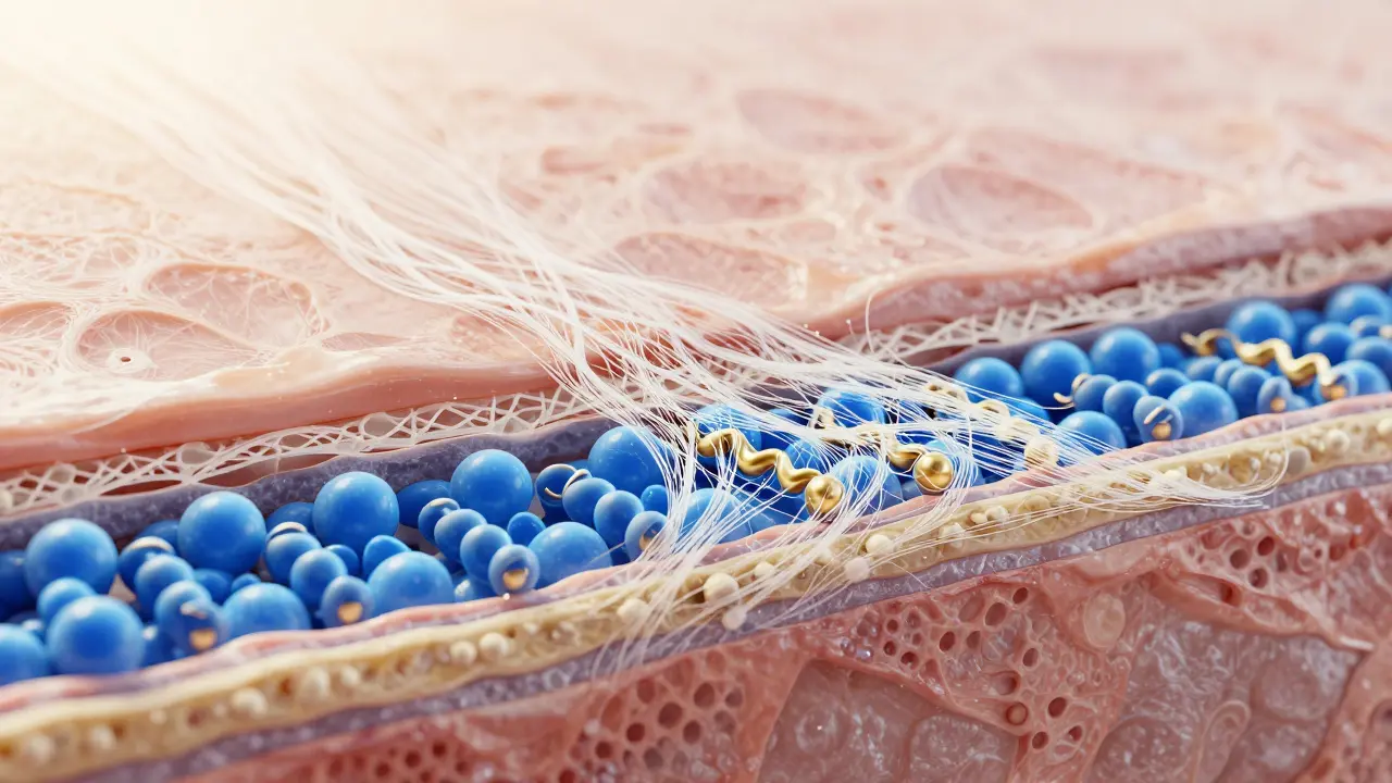 Mikroskopický pohled na vstřebávání mořského kolagenu do kůže a kloubů.