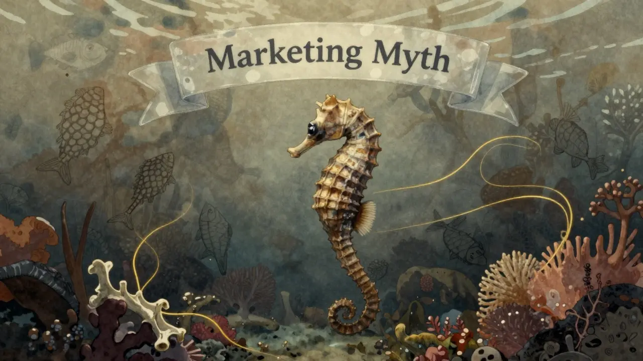 Mořský koník mezi korálovým útesem, jeho obrys se mění v šupiny a kolagenní vlákna, označený jako marketingový mýtus.