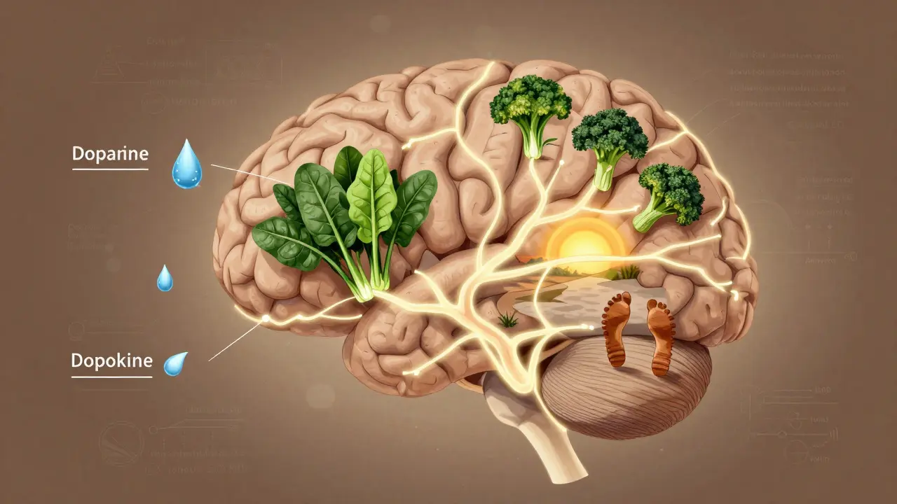 Mozek s přirozenými signály místo alkoholu: voda, zelenina, slunce a kroky.