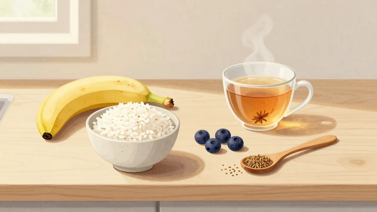 Na stole jsou jednoduché potraviny pro podrážděný žaludek: rýže, banán, brusinky a kmín.