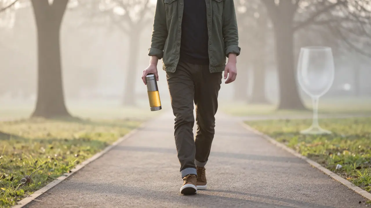 Osoba kráčí v parku při svítání s termoskou čaje, stíny alkoholu se vymažou.