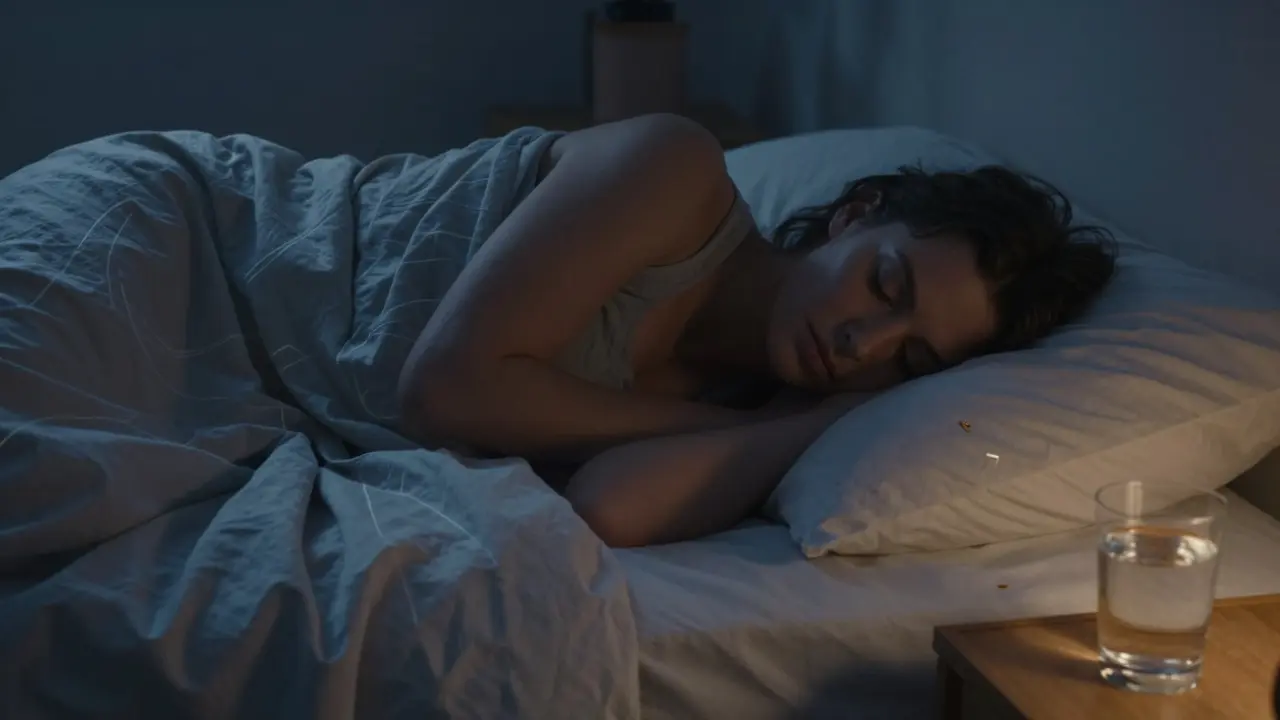 Osoba leží na levé straně, klidně spí, s teplou vodou a kmínem u postele.