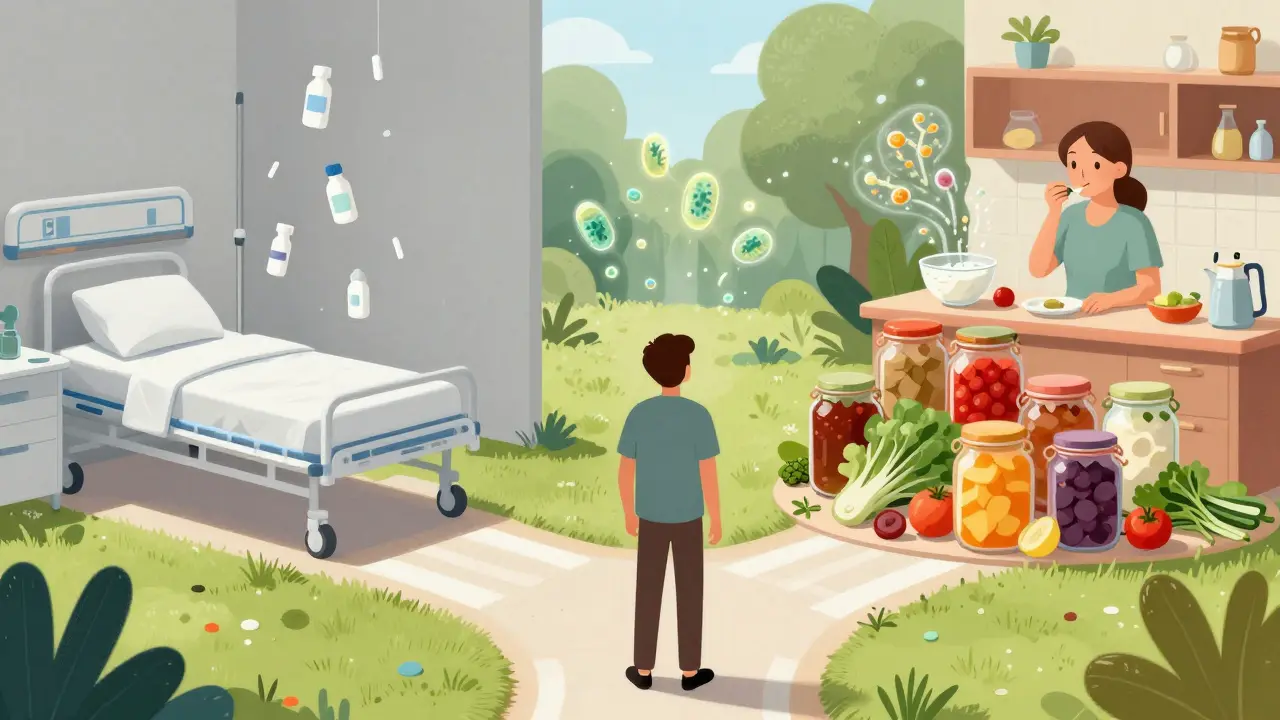 Osoba na křižovatce mezi léky a fermentovanými potravinami — jedna cesta k ničení, druhá k obnově zdraví.