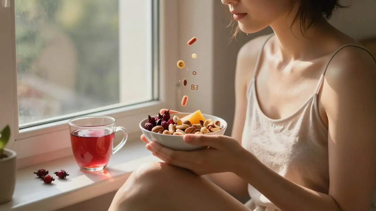 Osoba v klidné domácí scéně přijímající přírodní sluneční světlo s nádobou ovoce a oříšků.