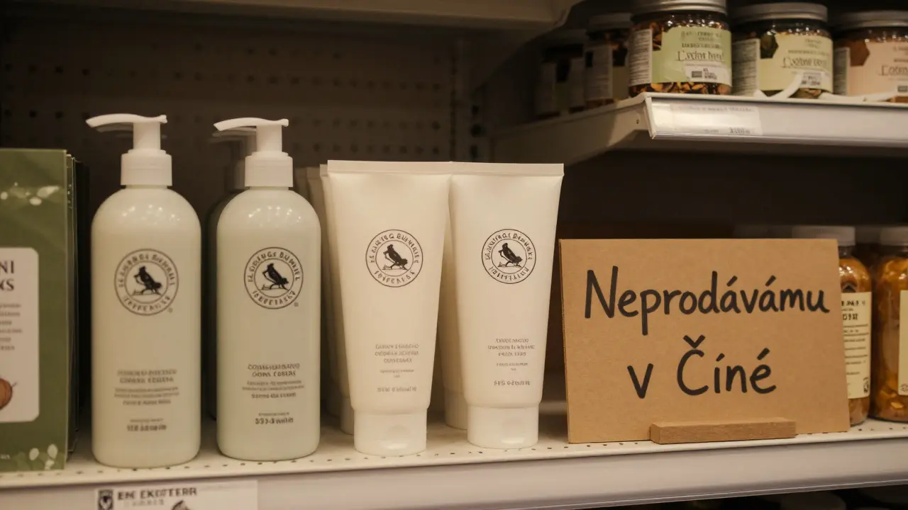 Police v českém ekologickém obchodě s certifikovanými tělovými krémy a nápisem 'Neprodáváme v Číně'.