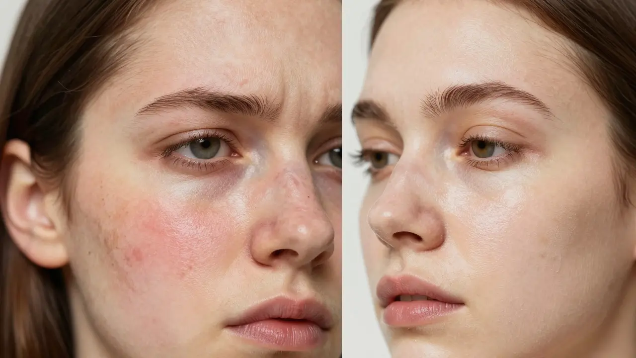 Porovnání podrážděné a zdravé pokožky po správné péči.