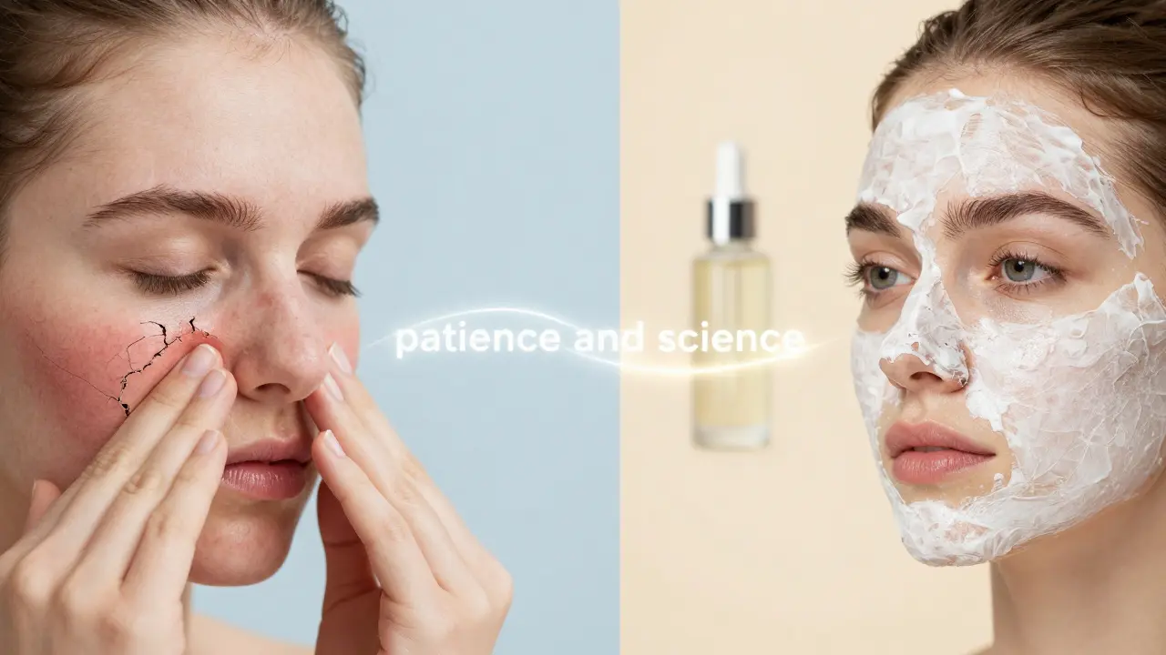 Porovnání poškozené pleti a zdravé pleti po správné péči.