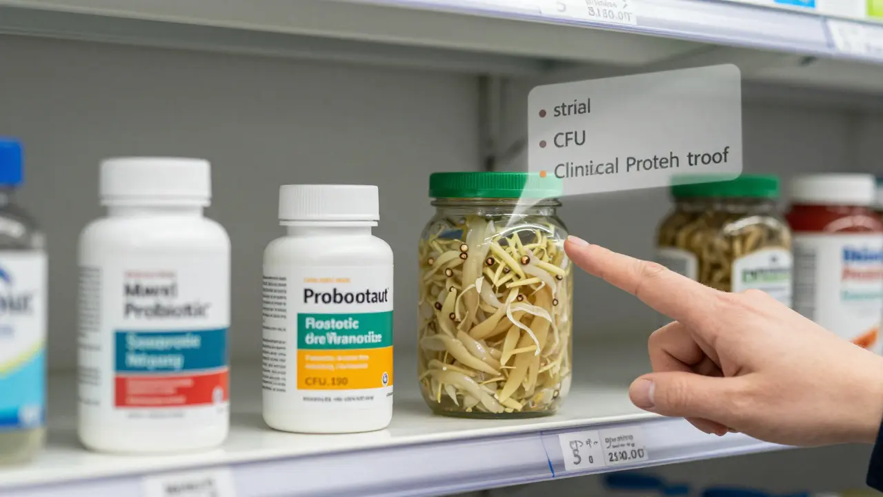 Porovnání probiotik v obalu a přirozeného zdroje jako kysaného zelí na lékární polici.