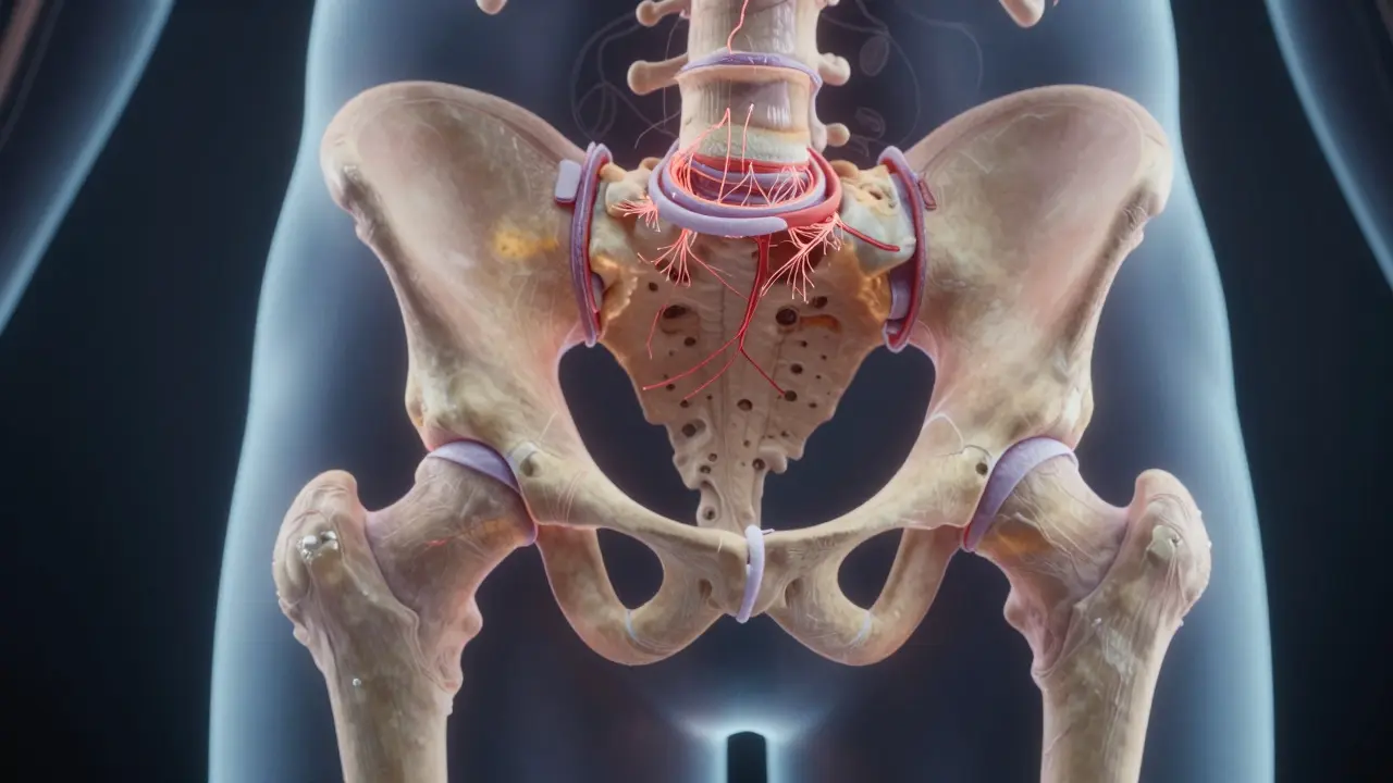 Průřez kyčelního kloubu s poškozenou chrupavkou a kolením kolagenu.