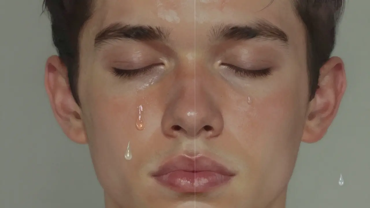 Rozdělený obličej: lesklá T-zóna na jedné straně, suchá a šupinatá kůže na druhé.