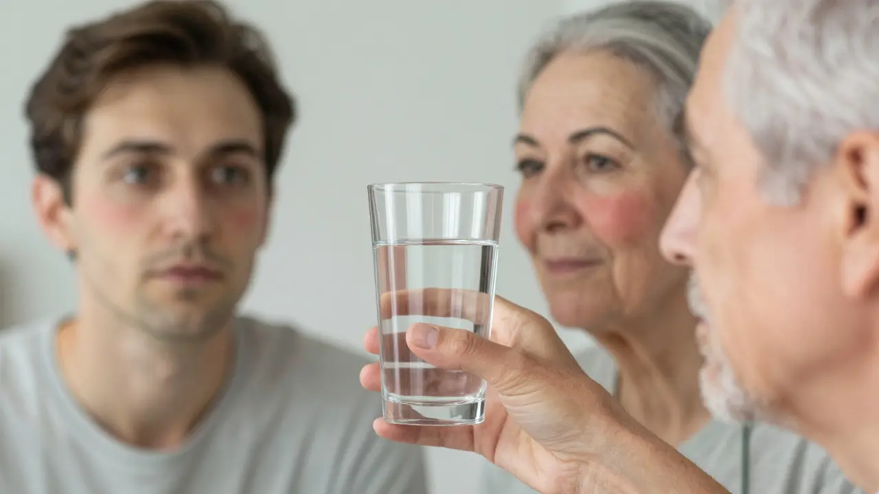 Ruka drží sklenici vody vedle zrcadla s postupnými změnami pleti v průběhu věku.