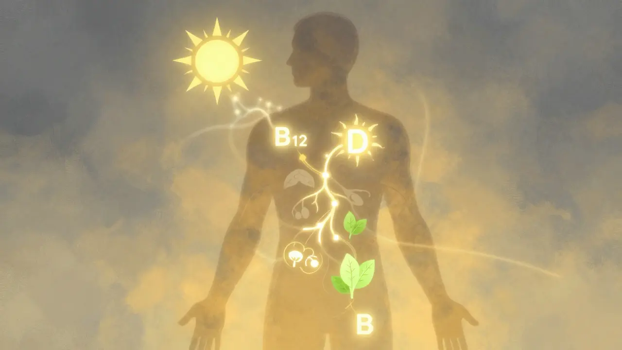 Schematický obraz lidského těla s symboly vitamínů D, B12 a B9, které zastupují příčiny únavy, v barevném gradientu od šedi k zlatu.