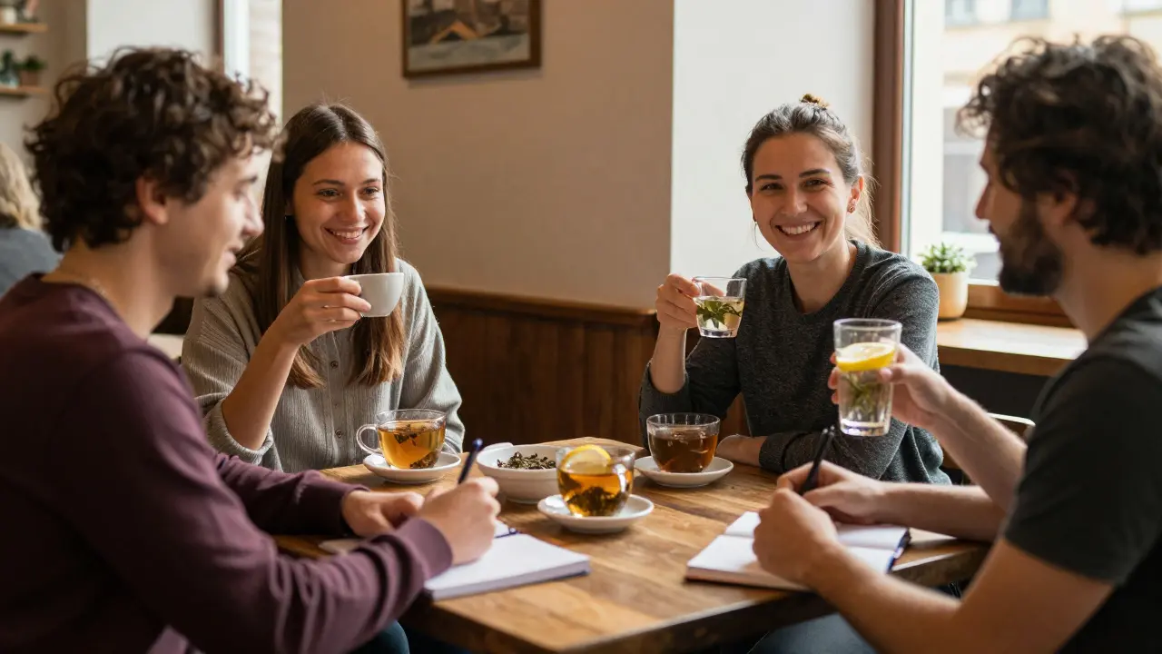 Skupina lidí v české kavárně sdílí zkušenosti a podporu bez alkoholu.