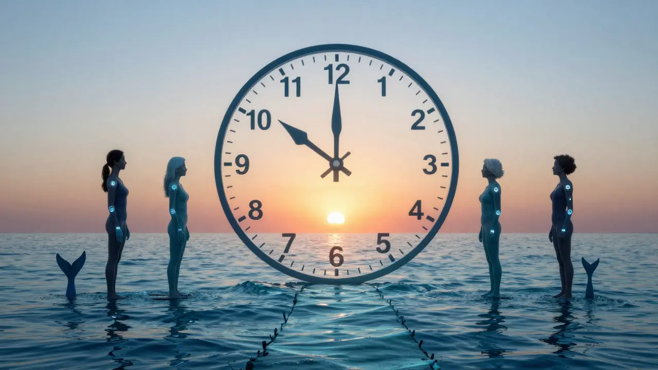 Symbolický obrázek hodin s rybími ocasy znázorňujících dlouhodobé užívání kolagenu.