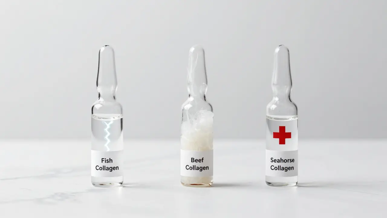 Tři skleněné lahve s různými typy kolagenu: rybí, hovězí a prázdná s křížkem, na bílé mramorové podložce.