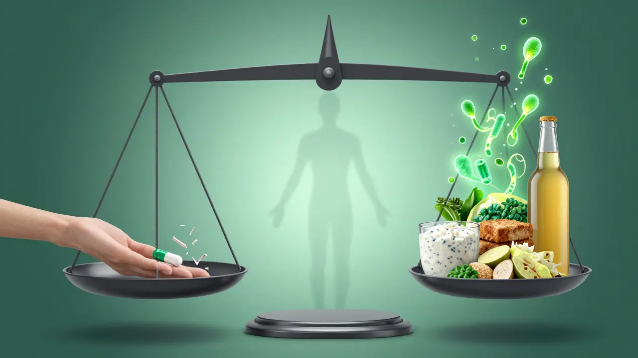 Váha s antibiotikem a fermentovanými potravinami, symbolizující rovnováhu mikrobiomu přes přírodní podporu.