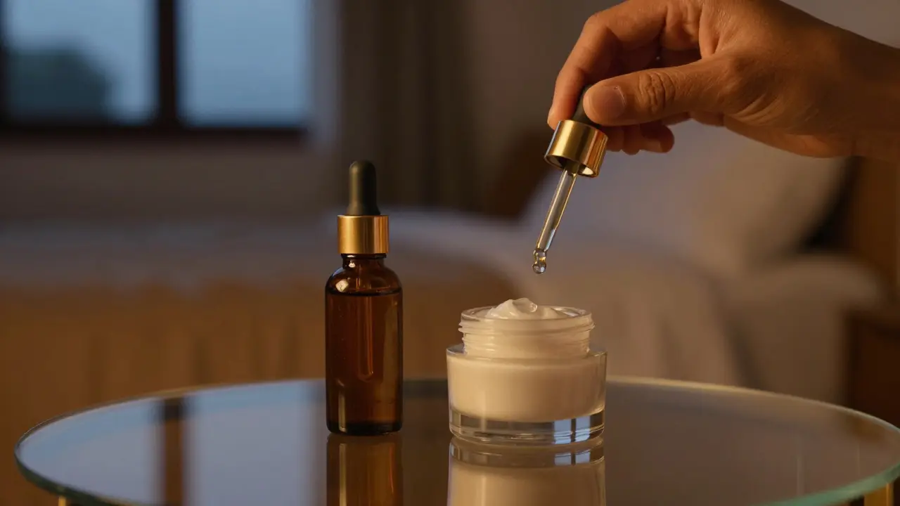 Večerní péče o pleť: retinol a krém s olejem z růžového oleje na skleněném povrchu.