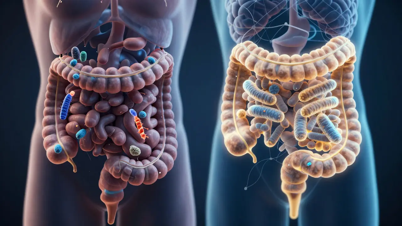Vnitřní stav střev: škodlivé bakterie vs. zdravé probiotika s propojením k mozku.