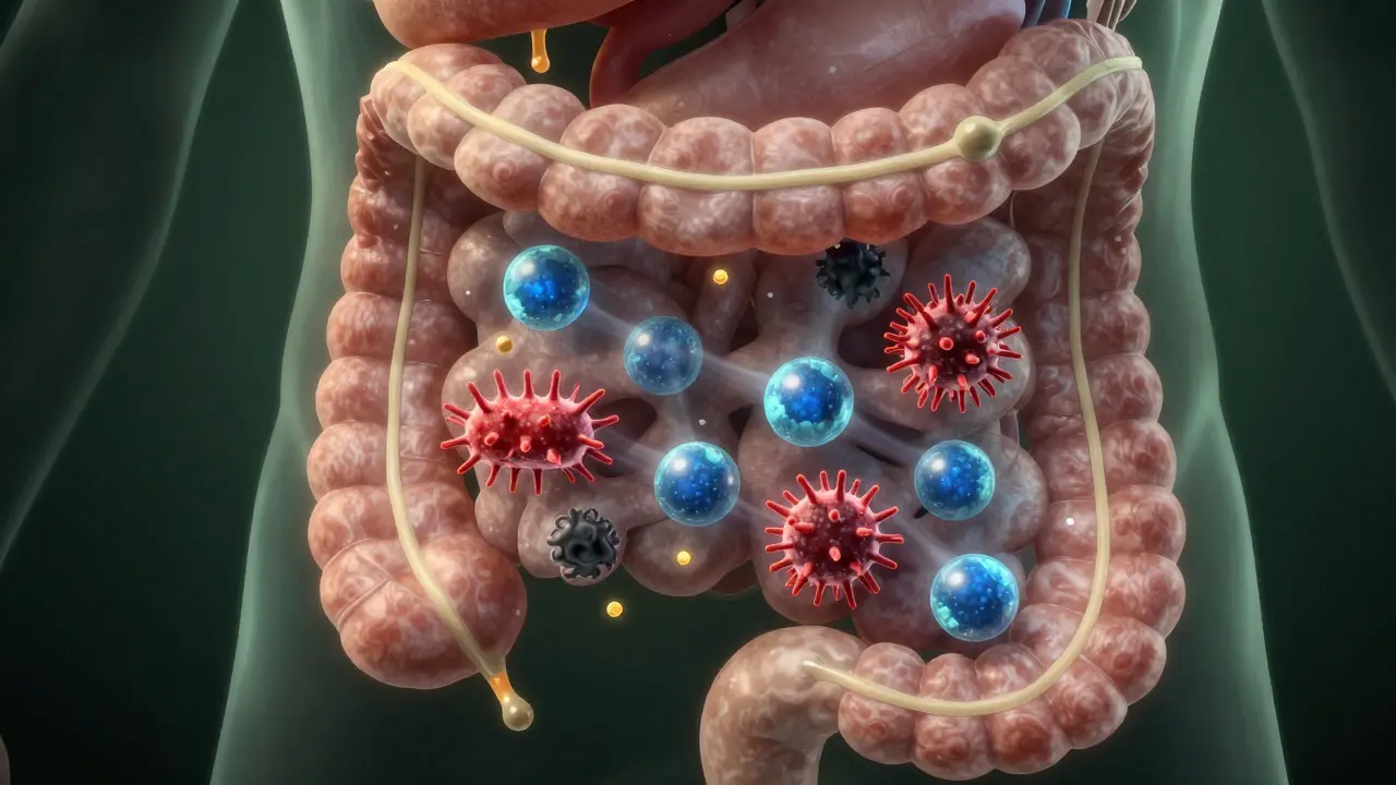 Vnitřní stav trávicího traktu, kde Enterosgel váže toxiny a bakterie.