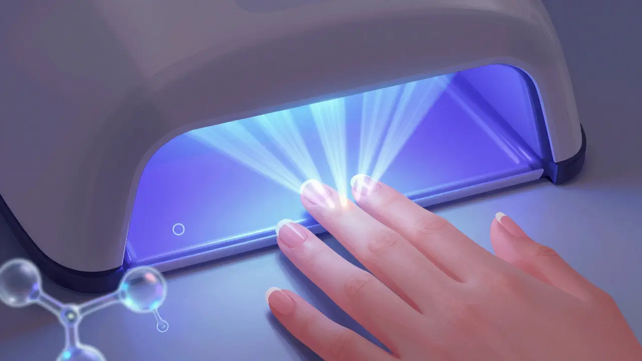 Zatvrzování gel laku pod UV lampu v nehtovém studio