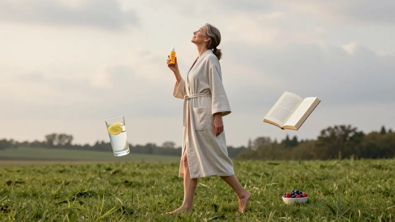 Žena v padesátce si aplikuje SPF na obličej při ranní procházce s vodou a bobulemi.