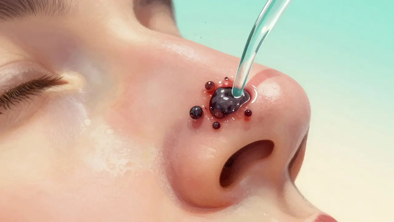 Zvětšený pohled na pory s černými tečkami, které se rozpouštějí kyselinou.