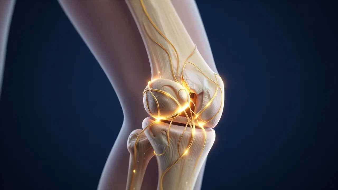 3D vizualizace kolena s regenerací chrupavky pomocí zlatých proteinových vláken.