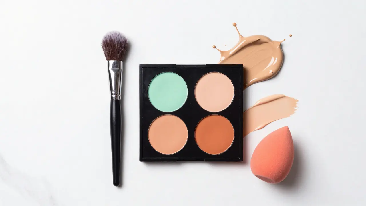 Barevné korektory, štětec a houbička na bílém mramoru.