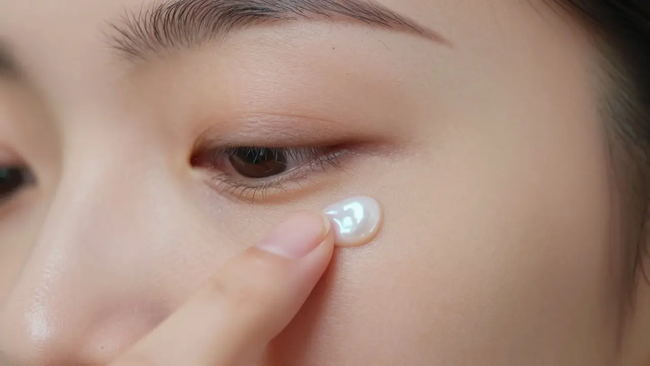 Detail jemného vklepávání očního krému pod oči pomocí prstenu.