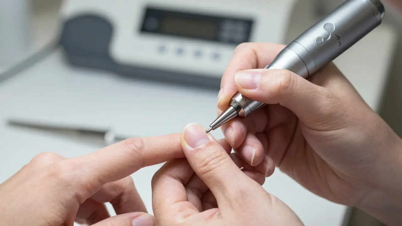 Detail kombinované manikúry s použitím profesionální frézky na nehty.