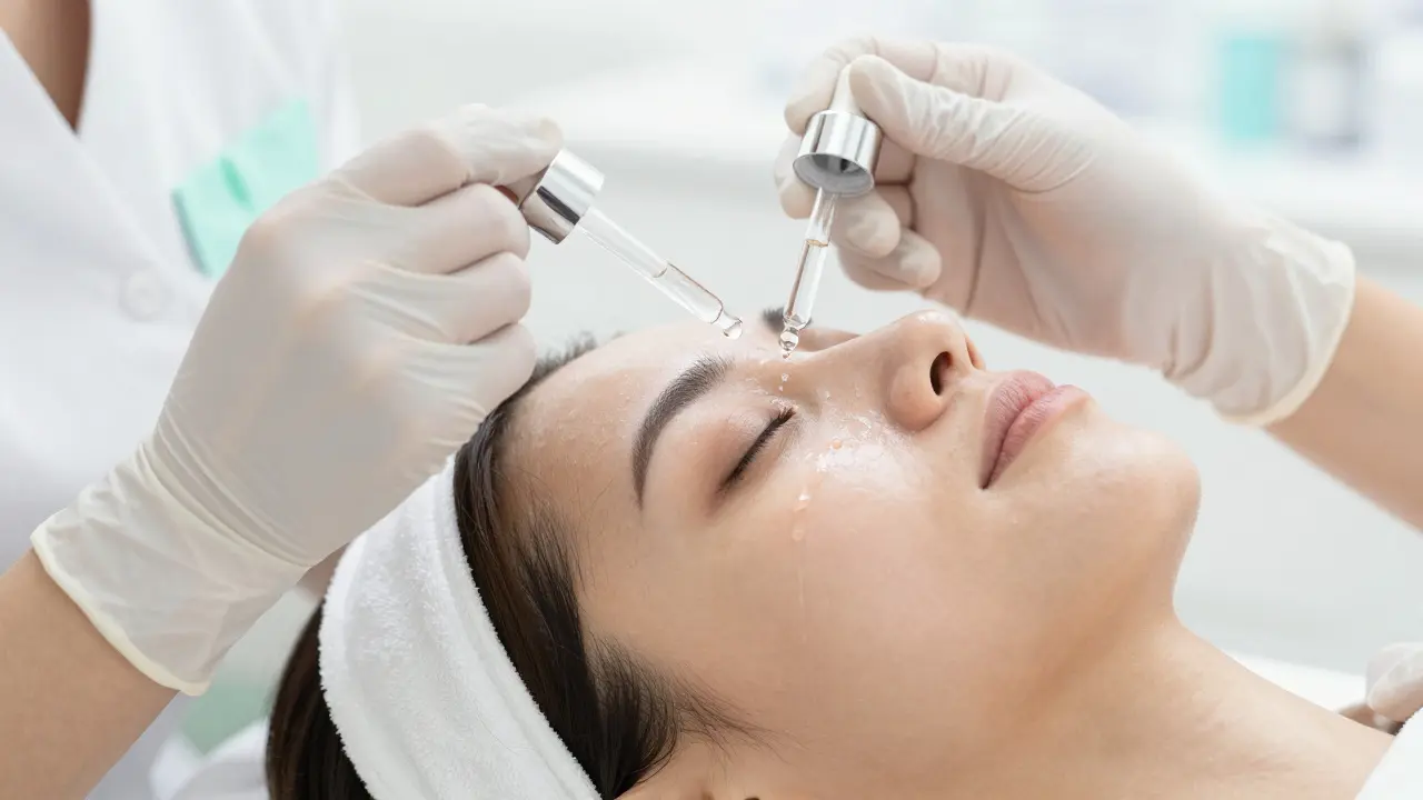 Detail kosmetické péče o kombinovanou pleť s aplikací séra a hydratační masky.