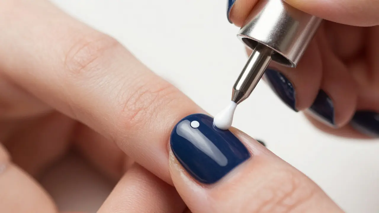 Detail použití dotting toolu při malování kroužku nad u na nehet