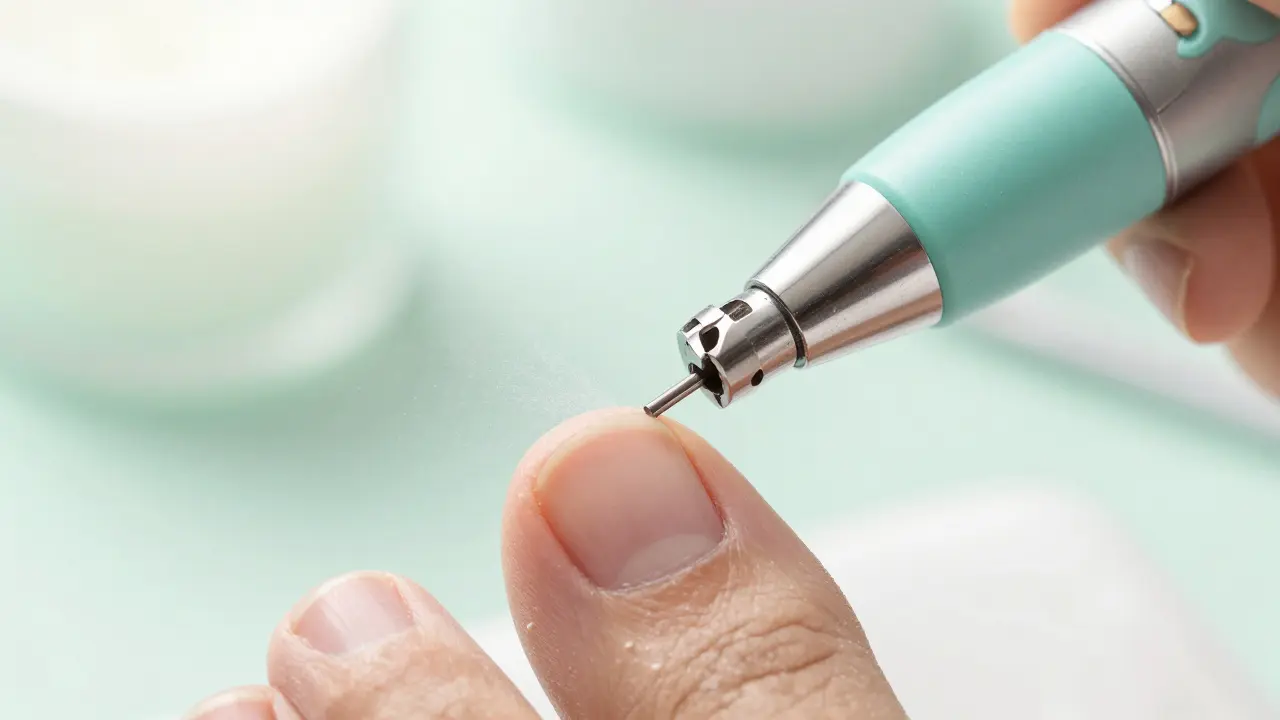 Detail profesionální frézky tvarující nehet na nohou.