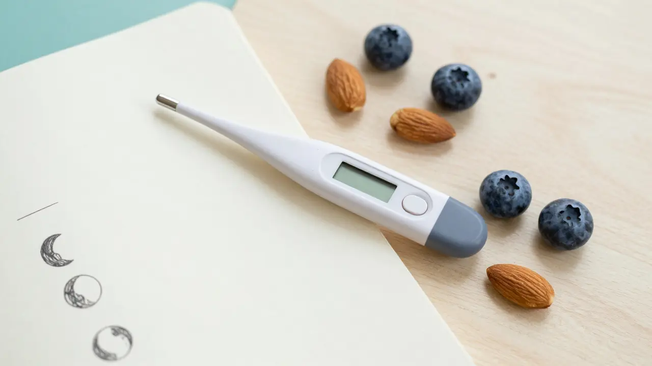 Digitální teploměr, zápisník a ořechy symbolizující sledování přirozeného cyklu.