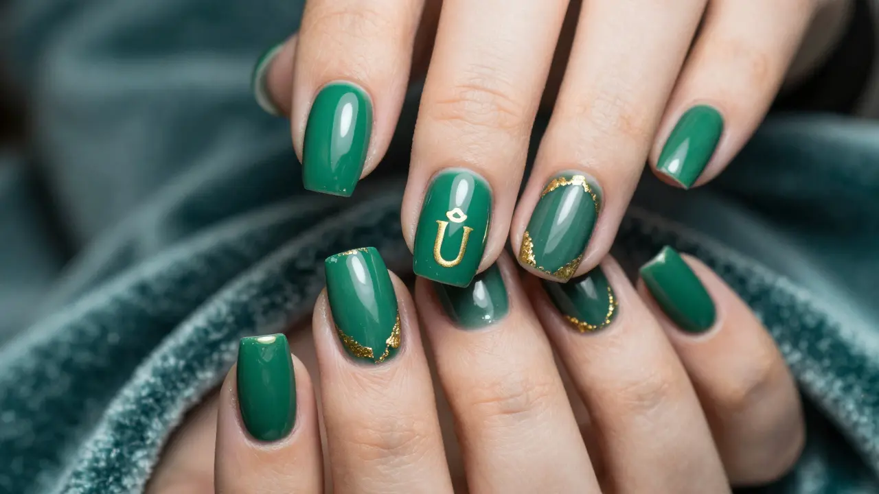 Dokonale lakovaná zelená manikúra s jemným zlatým nápisem a vysokým leskem