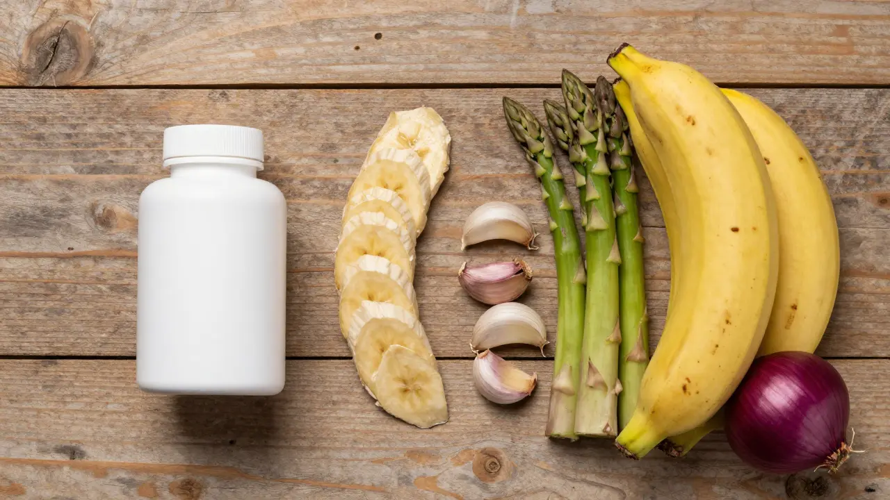 Doplněk stravy s probiotiky vedle banánů, česneku a chřestu na dřevěném stole.
