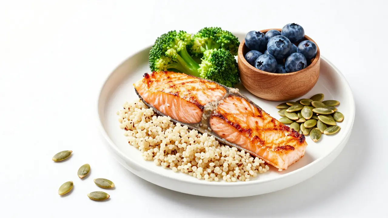 Grilovaný losos s kůží, quinoa, brokolice a borůvky na bílém stole.