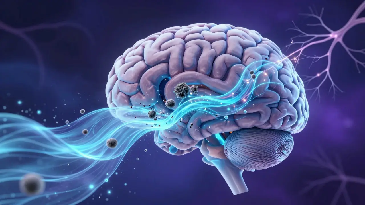 Ilustrace glymfatického systému vyplavujícího toxiny z mozku během spánku.