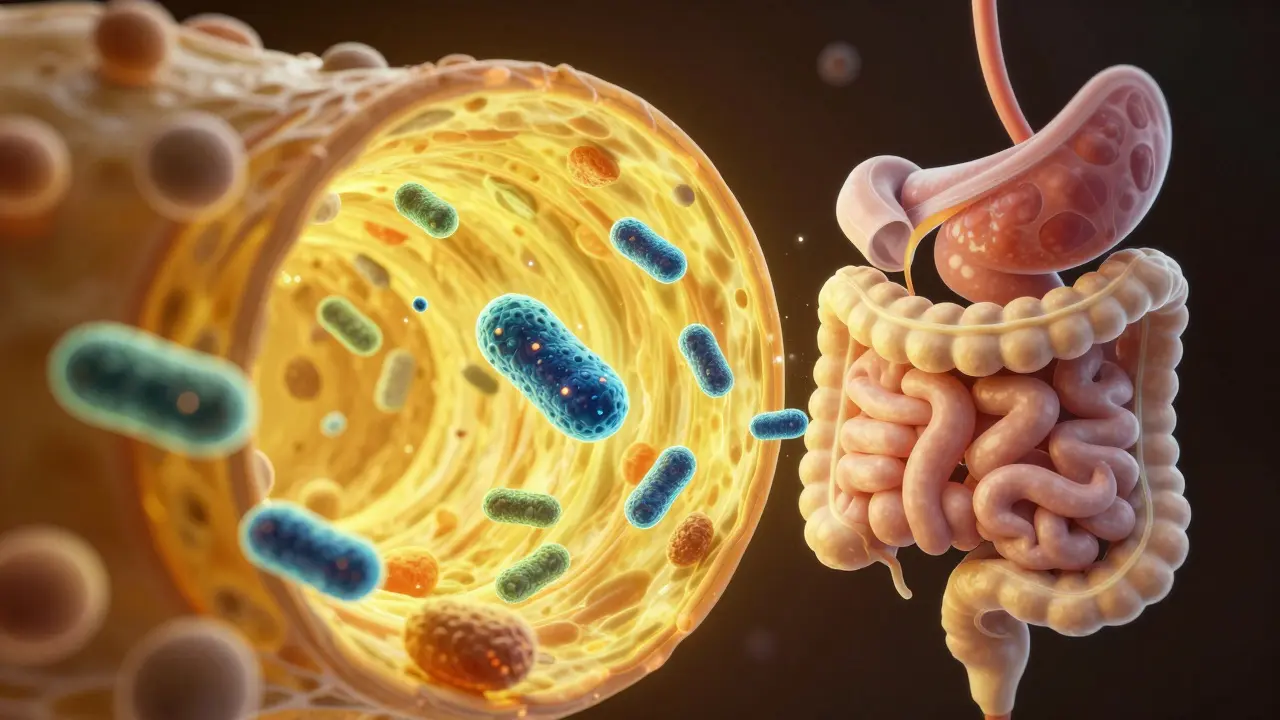 Ilustrace probiotických bakterií procházejících žaludečním prostředím do střev.