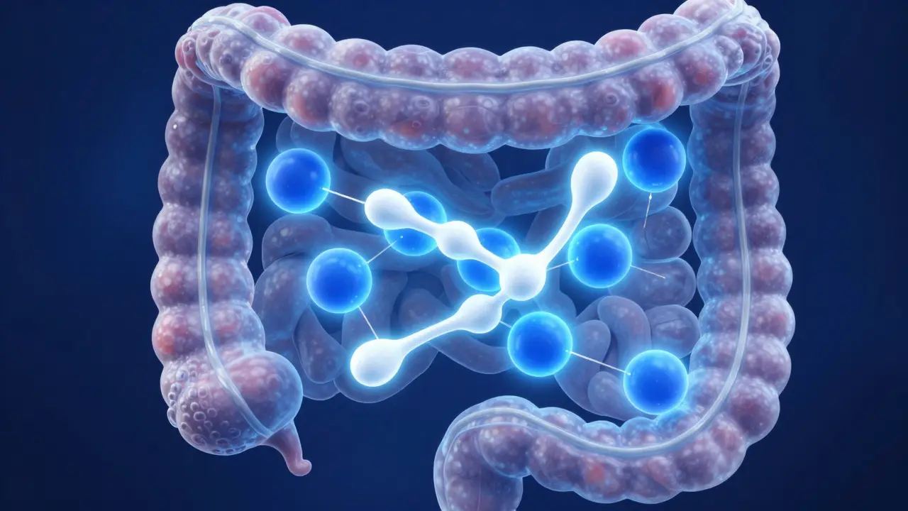 Ilustrace vázání antibiotik na vápník v trávicím traktu.