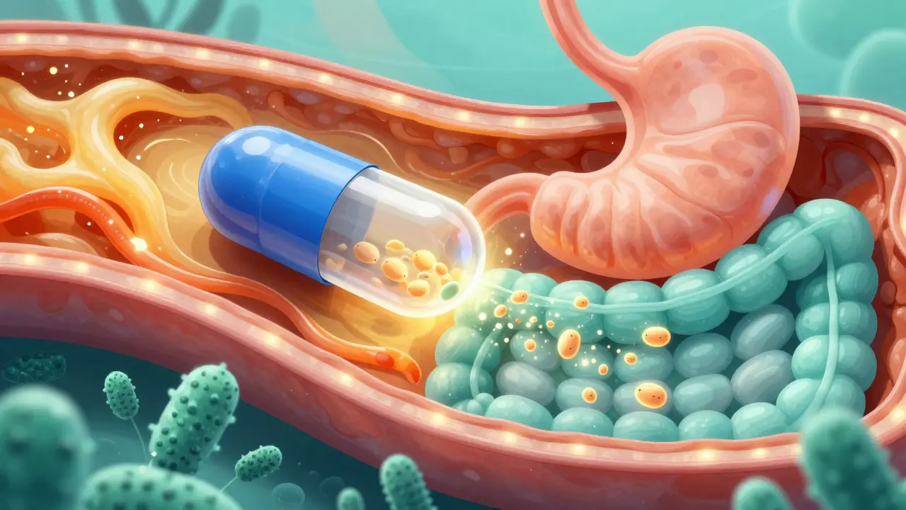 Kapsle s probiotiky procházející žaludkem a uvolňující bakterie v teníku.