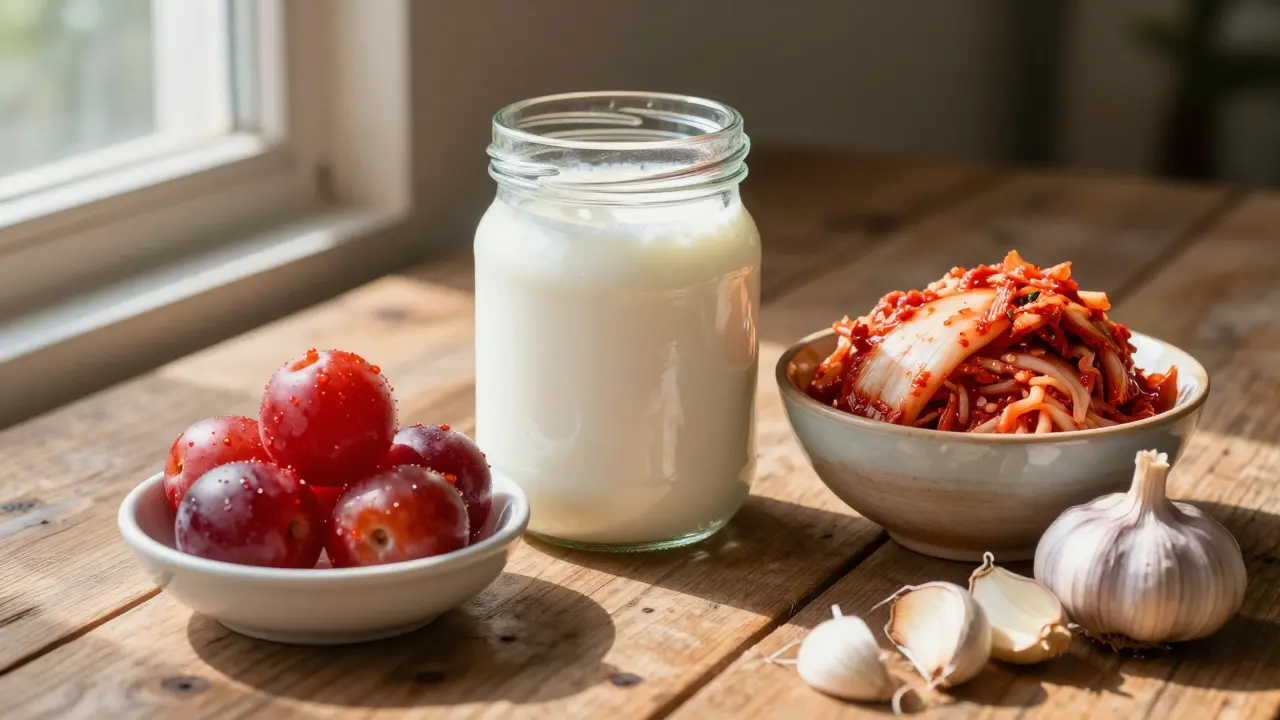 Kefýr, kimchi a česnek na dřevěném stole jako přirozené zdroje probiotik.