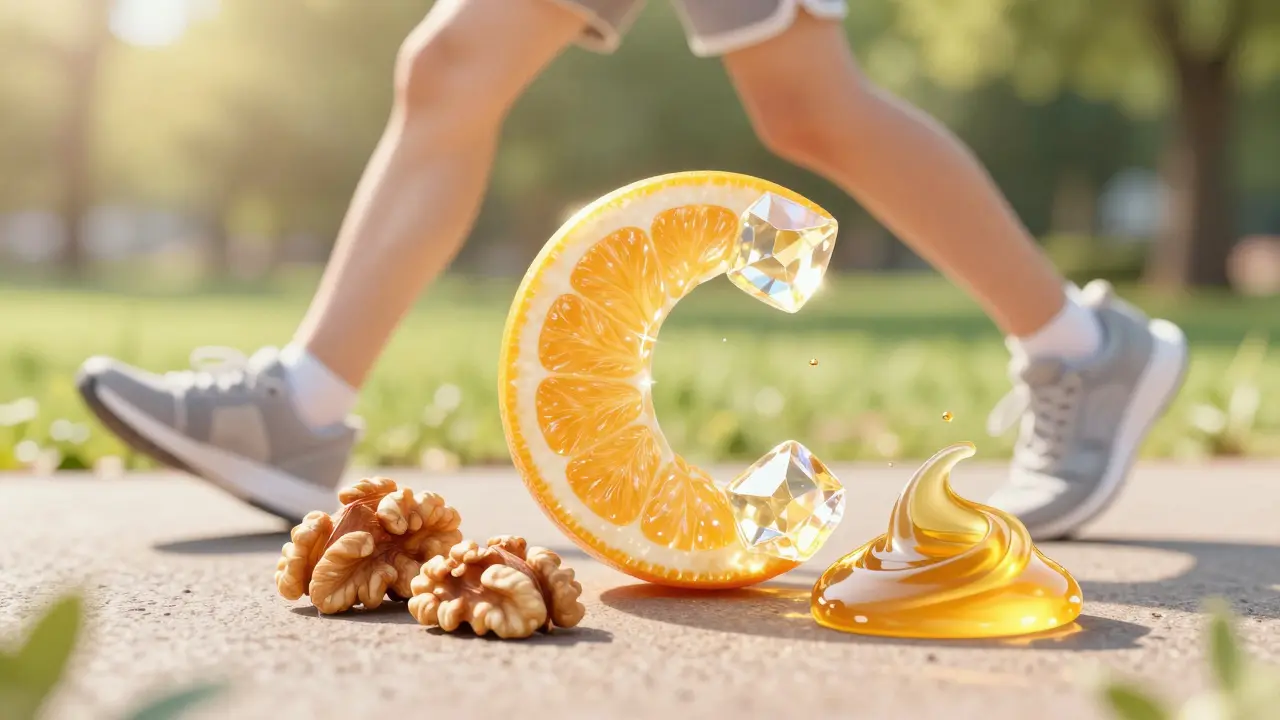 Kombinace zdravých potravin a chůze v parku pro regeneraci kloubů.