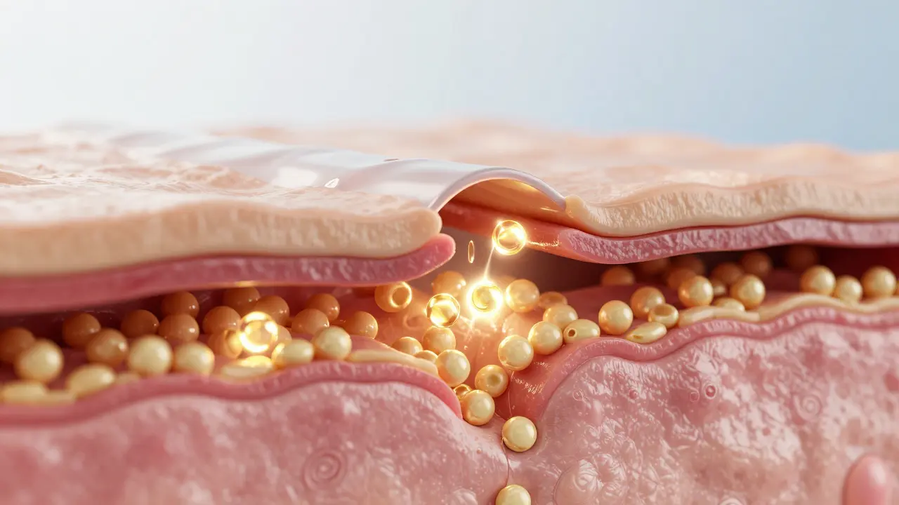 Konceptuální vizualizace regenerace kůže s působením panthenolu a kyseliny hyaluronové.