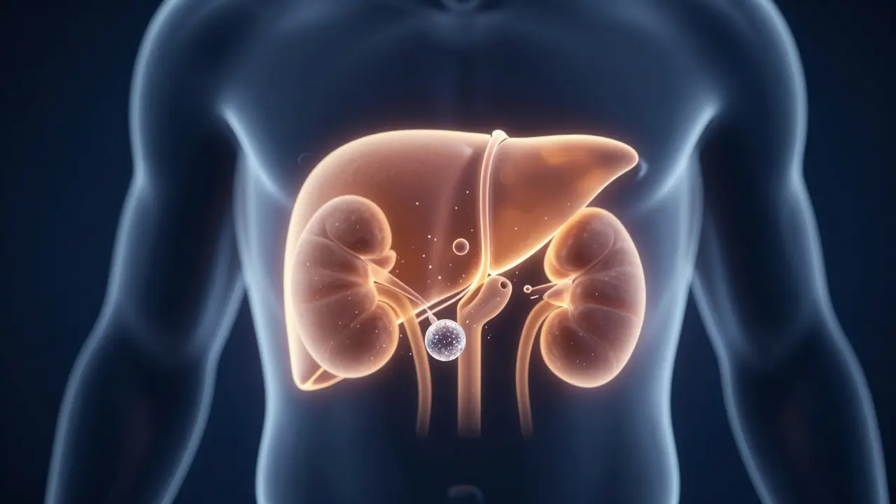 Konceptuální znázornění filtrace alkoholu v játrech a ledvinách