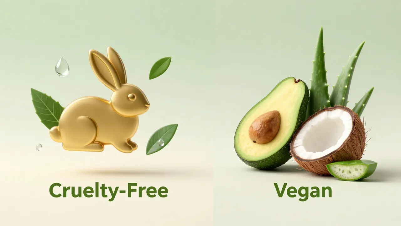 Konceptuální зобраzení certifikace Leaping Bunny a rostlinných ingrediencí.