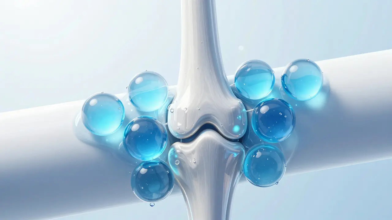 Konceptuální zobrazení hydratace a mazání kloubů pomocí modrých kaplic tekutiny.