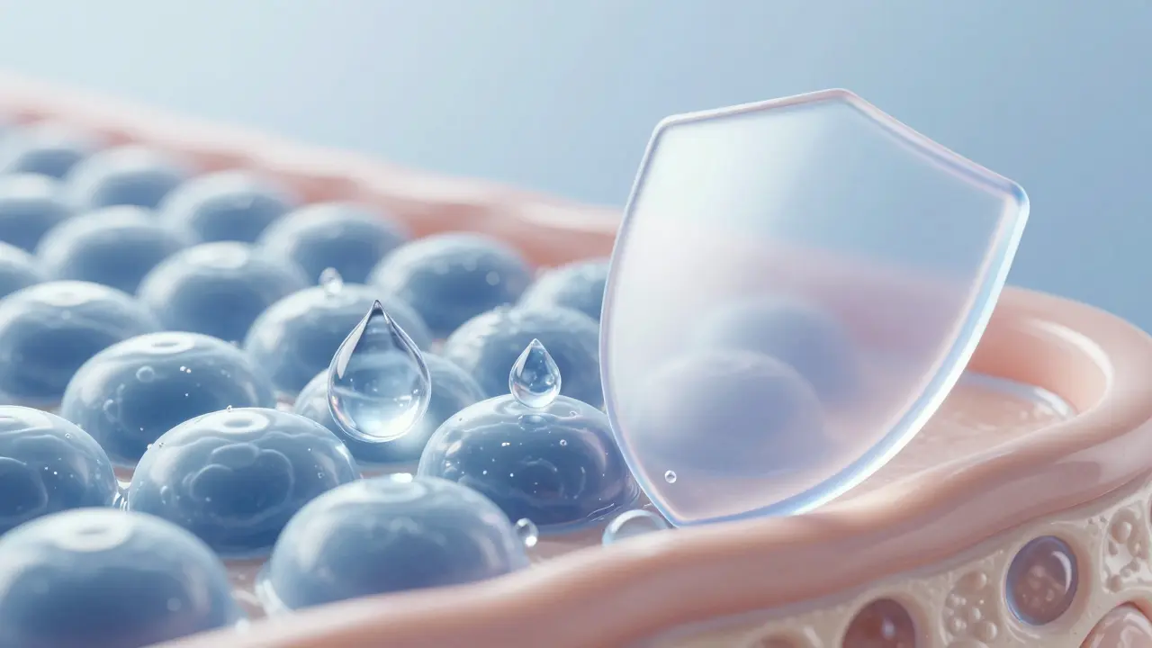 Konceptuální zobrazení ochranné bariéry kůže a hydratace vodními kapkami.